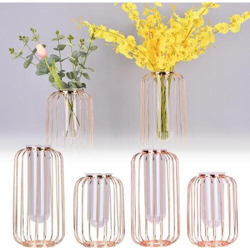 Glass Iron Vase Lantern Shape Flower Pot Hollow Out Vase Home Wedding Decoration Accessories