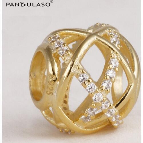 925 Sterling Silver Jewelry Charm Bead Fits European Charm Bracelet & Choker Golden Galaxy Cutout Round Bead Women DIY Jewelry