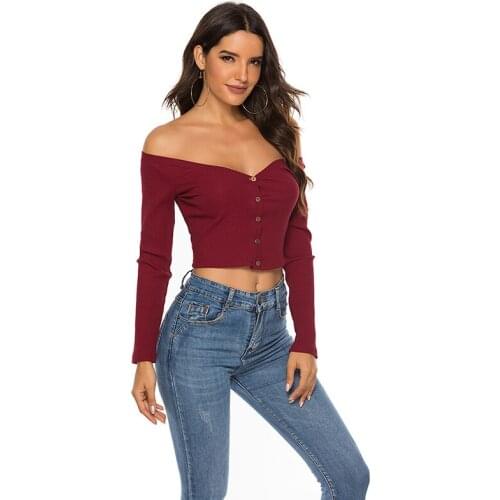 Women T-Shirt Korean Fashion Deep V-Neck Button Top Long-Sleeved Solid Color Off-Shoulder Tee Shirt Camiseta Feminina