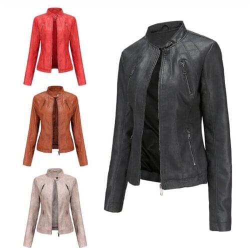 3XL Korean Version Women Stand Collar Faux Leather PU Long Sleeve Zipper Bomber Jacket Outdoor Skinny Short Motorcycle Outerwear