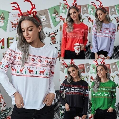 JULYS SONG Christmas Pajamas Women Top T-shirt Elk Printing Simple Casual Loose Long Sleeve O-neck Winter Xmas Sleepwear