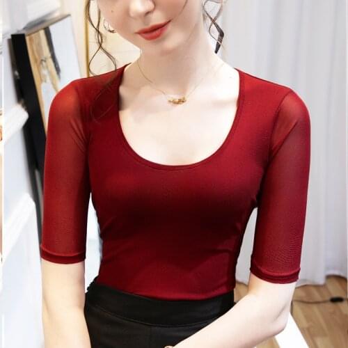 Women Soft Net yarn T-shirt O-NECK Solid color Lady Tees Half Sleeve Summer Womens clothings All match Female T-shirts
