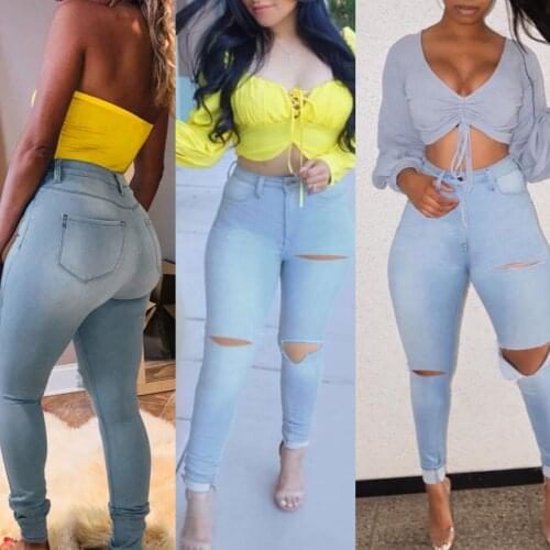 FNOCE 2020 womens ripped jeans pants large size fashion trends street solid high waist tight stretch hole denim pencil pants