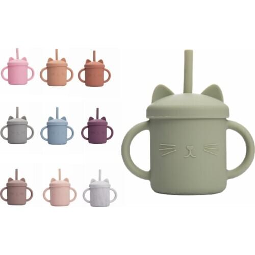 1PCS Baby Feeding Cups Silicone Drinkware Cute Cartoon Cat Sippy Cup For Toddlers Kids Sippy Cup Lids Solid With Handle Drinker