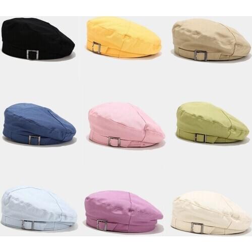 12 Colors Autumn Winter Women Beret Hat Solid Retro Paiter Hat Buckle Design Lolita Beret Ladies Cap khaki purple blue