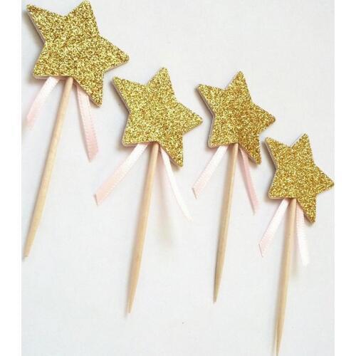 12pcs Gold Star Fairy Wand Cupcake Topper - Gold Glitter Cupcake Star - Double Sided - Golden Birthday Princess Party Cake Picks
