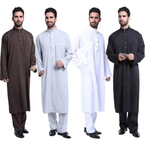 2Pcs Islamic Men Tops Pants Set Thobe Daffah Dishdasha Saudi Arab Kaftan Jubba Muslim Dubai Robe Abaya UAE Middle East Eid Thoub