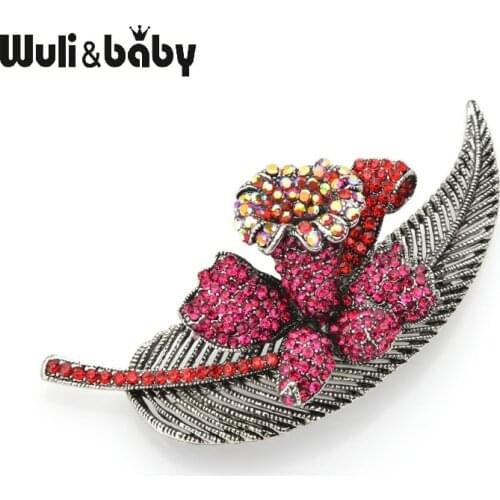 Wuli&baby Big Red Rhinestone Flower Brooches Women Retro Leaf Banquet Weddings Brooch Pins New Year Gifts