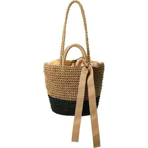 Ladies Square Bow Patchwork Shoulder Bags Women Straw Weave Handbag Casual Hand-Knitted Messenger Bag Fashion Travel Tote Purse