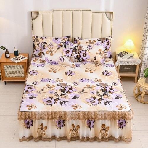 3pcs Set Soft Sanding Bed Skirt King Queen Size Thicken Anti-slip Bedspread Lace Bed Cover 1pc Bed Skirt+2pcs Pillowcase