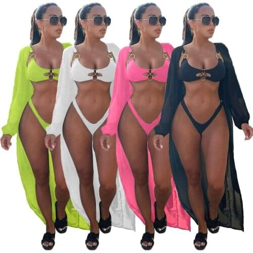 3pcs Set Sexy Bikinis Set with Long Cover Ring Cut out Bra Women Swimwear Summer Beach Wear Solid Swimsuit 2021 Boho Clothing