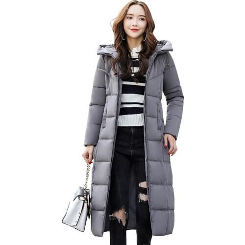 Thick mid length over knee slim cotton padded jacket Solid long sleeve zipper straight hooded women Parka 2020 winter new W55