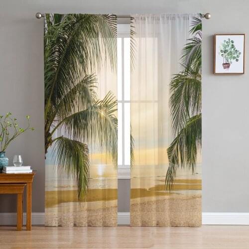 Summer Beach Palm Trees Sheer Curtains for Living Room Bedroom Kitchen Chiffon Tulle Curtains Home Hotel Coffee Decor