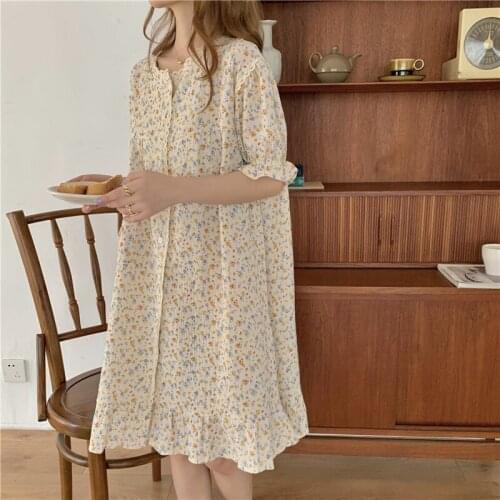Soft gauze cotton summer women nightgowns vintage korean chic floral print homewear nightdress lacework single breasted Y930