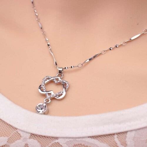 Hot Selling Rose Color Double Heart Necklace With Micro CZ Crystal Pave Women Jewelry