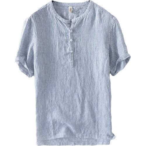 Men Causal Linen Cotton Shirts Short Sleeve Collar Solid Color Retro Shirt