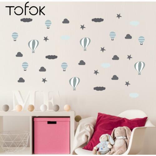 Tofok Hot Air-balloon Parachute Wall Sticker Funny Cloud Stars INS Nordic Style Kids room Nursery Mural Decals Home Decoration