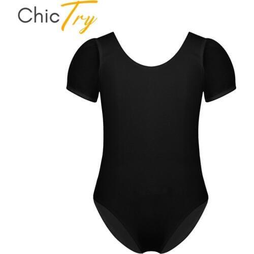 ChicTry Kids Pink/Black Ballet Leotard Girls Chiffon Short Sleeve Cutout Back Gymnastics Leotard Bodysuit Children Dance Wear