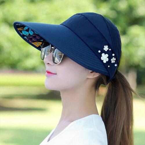 2021 Summer Hats For Women Foldable Sun Hat Pearl Flower Visor Suncreen Floppy Cap Female Outdoor Casual Baseball Cap Dropship