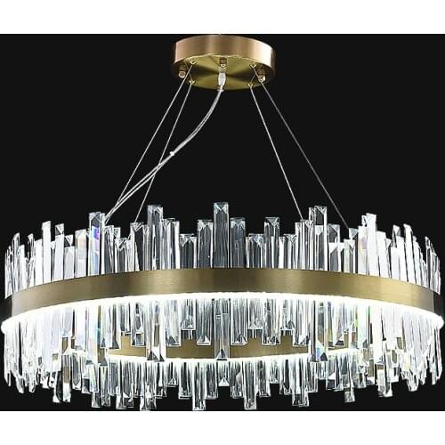 Modern Living Room Luxury Led Dimmable Pendant Light Round Shiny Gold Steel Led Pendant Lamp Lustre Foyer Crystal Lamp Fixtures