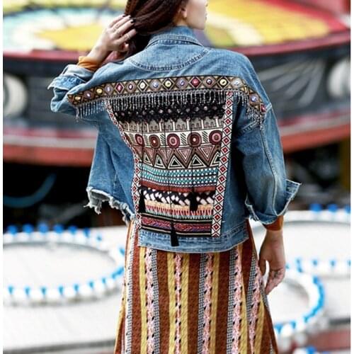 KHALEE YOSE Floral Embroidery Denim Jacket Women Autumn Jean Jackets Sequin Tassel Oversized Gypsy Ethnic Vintage Coat Outerwear