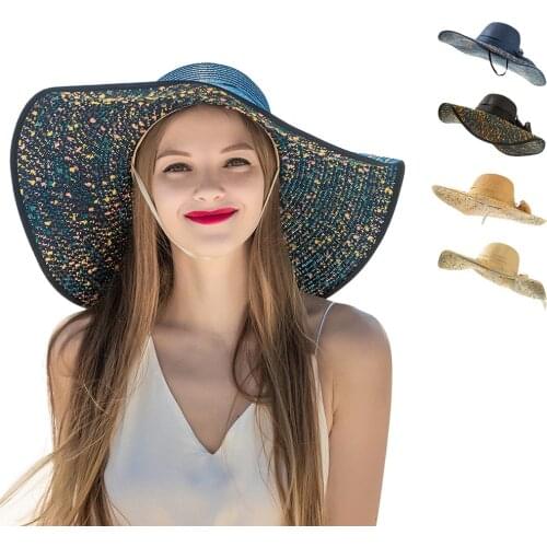 Boho style womens straw hat Womens beach hats with anti-sun exposure Straw cloth blend bow wide brim foldable straw hat