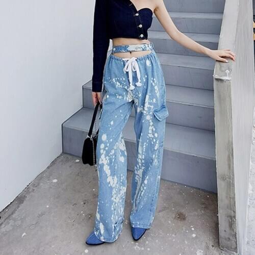 Tie Dye Pant For Women High Waist Lace Up Hollow Out Hit Color Pockets Casual Wide Leg Pants Female 2020 New Clothes Fashion