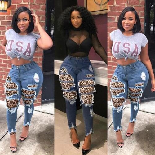 Women Jeans Plus Size High Waist Pocket Denim Pants Leopard Patchwork Hole Trousers Slim Skinny Pencil Pants