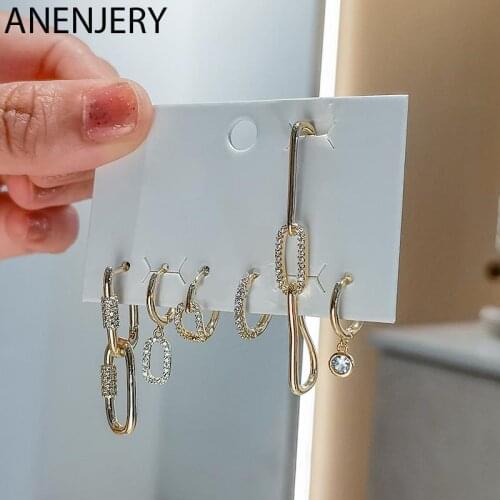 ANENJERY 6 pieces/set 925 Sterling Silver Square Oval Hoop Earrings for Women Shiny Luxury Micro Zircon Geometric Earrings Set