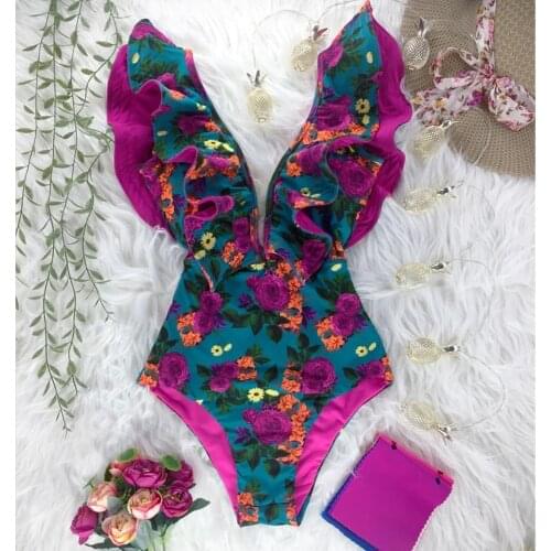Ruffled Swimwear Women Floral Print Deep V Neck Push Up Backless One Piece Swimsuit Retro Beach Bathing Suit Bodysuit Monokini