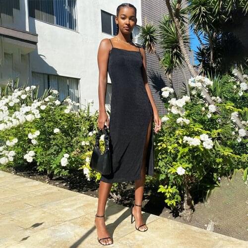 Women Summer Black Dress Sexy Split Long Dress Spaghetti Strap Sleeveless Mid Calf Strapless Solid Bodycon Dress Beach Vestidos