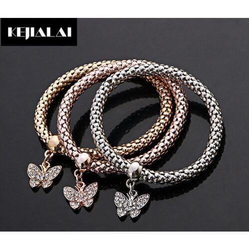 1 set Hot Sell Women Bangle Corn Chain Alloy Butterfly Heart Square Stopper Charms Pave with Crystal Shining Strass Luxury Style