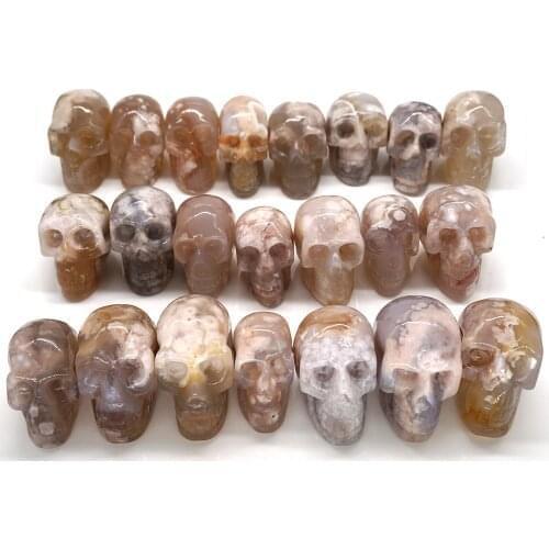 1PC Blossom Agate Skull Statue Healing Crystal Decoration Gemstone Spiritual Collection Natural Stone Carved Figurine Wholesale