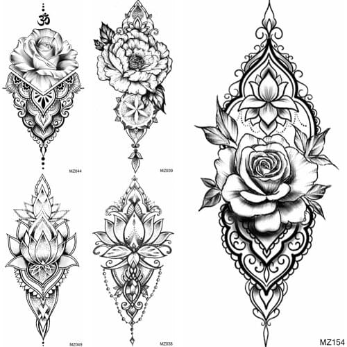 3D Black Flower Temporary Tattoos Sticker Fake Jewelry Lotus Tatoos Waterproof Fashion Body Art Arm Tatoos For Women Decoration