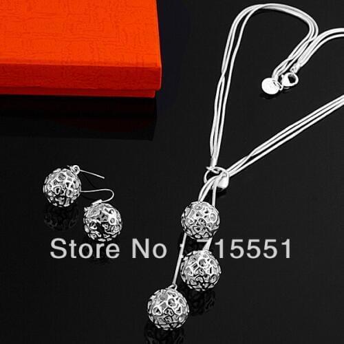 Promotion, Wholesale silver jewelry Silver plated hollow ball pendant Necklace & Earrings Set