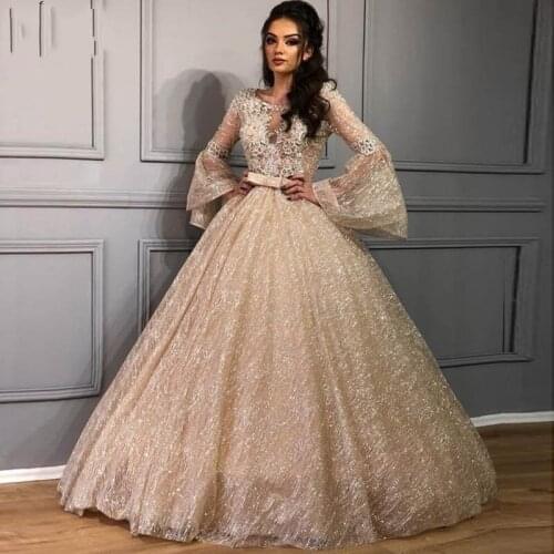 Arabic Evening Dress Long Champagne Evening Gowns Robe de soiree Abendkleider Lace A Line Illusions Evening Dresses Appliques