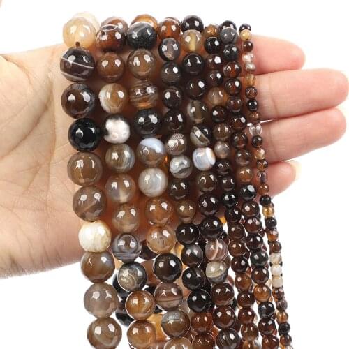 Natural Stone Beads Cut Surface Brown Striped Agate Loose Beads for Jewelry Making Needlework DIY Bracelet Strand 4-12 MM