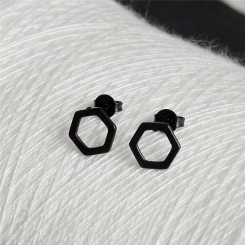 ED017 Titanium 316L Stainless Steel Black IP Planting Stud Earrings Hexagon 8mm No Fade Allergy Free Fashion Jewelry
