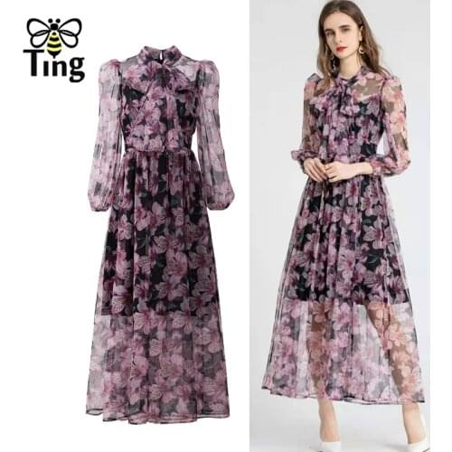 Tingfly Designer Runway Floral Print Long Party Dinner Dresses Vintage Elegant Bow Collar Flowy Chiffon Vestido Cottagecore Robe