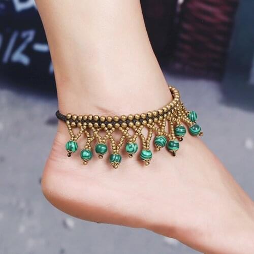 European and American Bohemian Retro Female Anklet Round Beads Semi-precious Stones Hand-woven Beach Holiday Womens Anklet