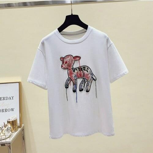 Short Sleeve Tassel Sheep T Shirt Women Clothing Summer Oversized Tshirt White Loose Ladies Tops Embroidery Tee Cotton New 2021