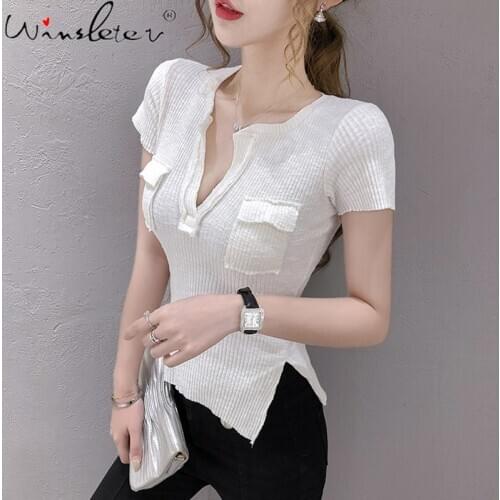 Summer Fashion Knit Basic White Tops Womens V-neck Slim t-shirts 2020 New Solid Office Lady Casual Tee-shirts Mujer T07511B