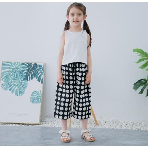 Hollead Children Clothing Sets White Sleeveless Top+Dot Straight Pants Girls Casual 2Pcs Summer Kids Round Neck Tshirt 7-15 Year