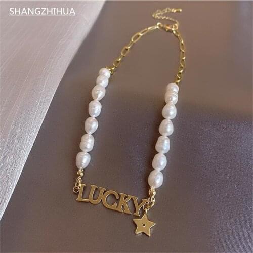 SHANGZHIHUA Classic alphabet pendant luxury baroque pearl necklace for women with high trend unusual accessory jewelry gift