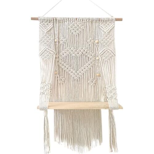 Creative Bohemian Macrame Tapestry Rack Hand-woven Wall Hanging Flower Storage Wooden Shelf Wall Decor For Home Living Room