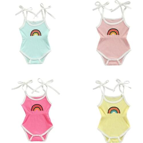 Lovely Toddler Infant Baby Boys Girls Summer Rompers Ribbed Knitted Rainbow Bandage Romper Jumpsuits Overalls Casual Outfits