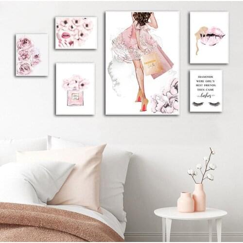 Pink Flower Fashion Poster Eyelash Lip Makeup Print Canvas Painting Wall Art Abstract Picture Modern for Girl Bedroom Home Decor