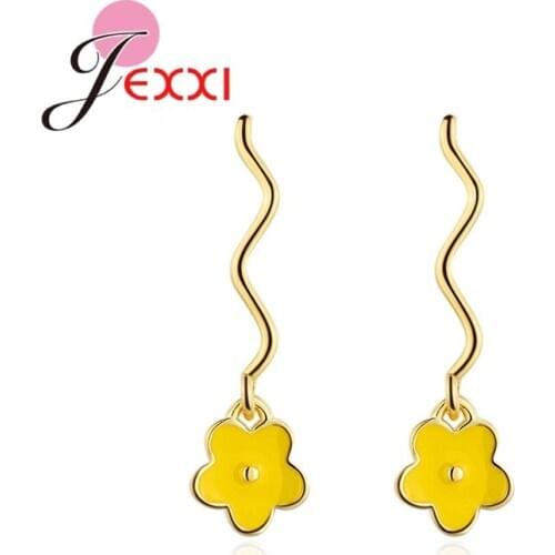 New South Koreas Geometry Yellow Glazed Girl Flower Earrings With Female Fashion 925 Sterling Silver Curve Wave Earrings
