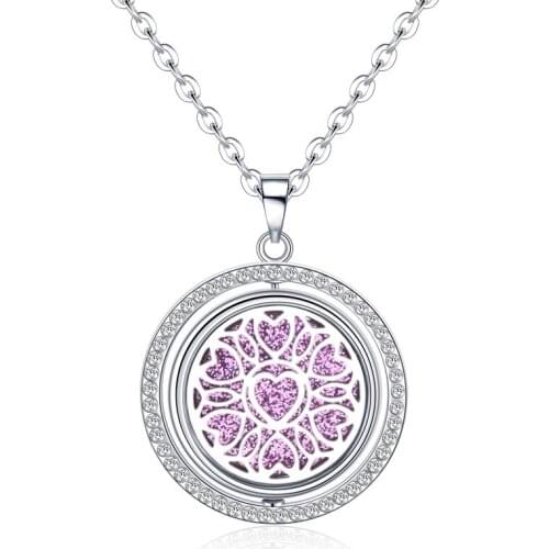 New Design Aromatherapy Love Heart Perfume Necklace Stainless Steel Rotating Rhinestone Locket Essential Oil Diffuser Pendant