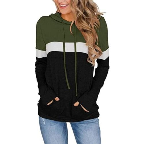 Autumn Women Hoodie Top Fashion Patchwork Hooded Loose Color Block Pockets Casual Drawstring Top Pullover Sweatshirt Oversize